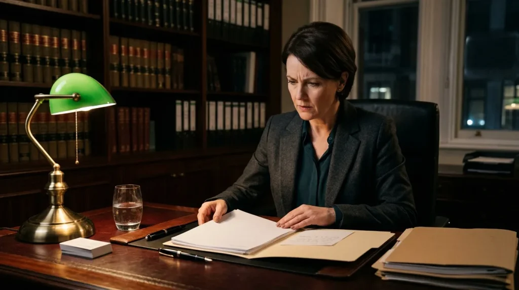 Femme en costume gris examinant des documents juridiques à son bureau
