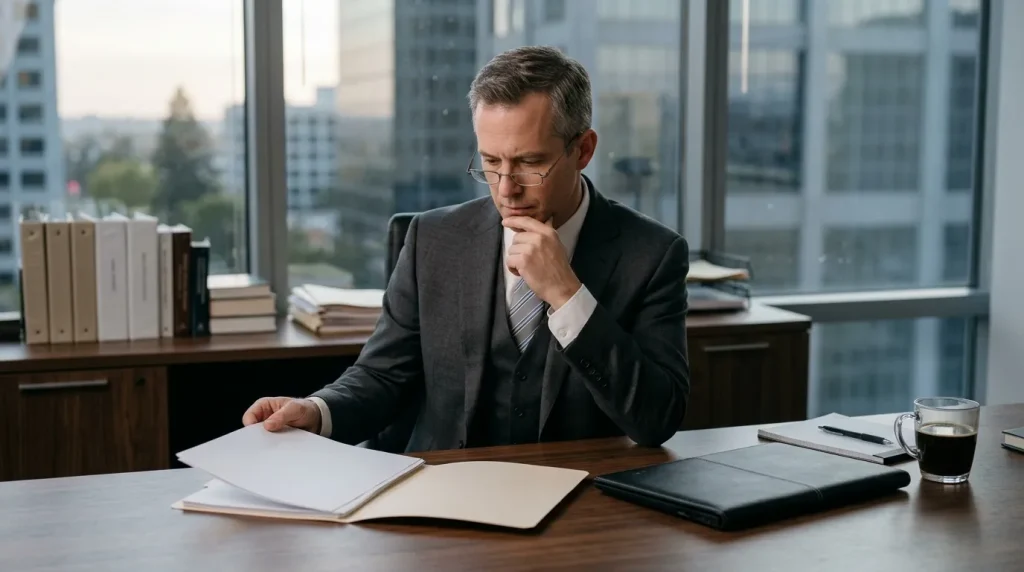 Homme d'affaires pensif examinant des documents en bureau moderne