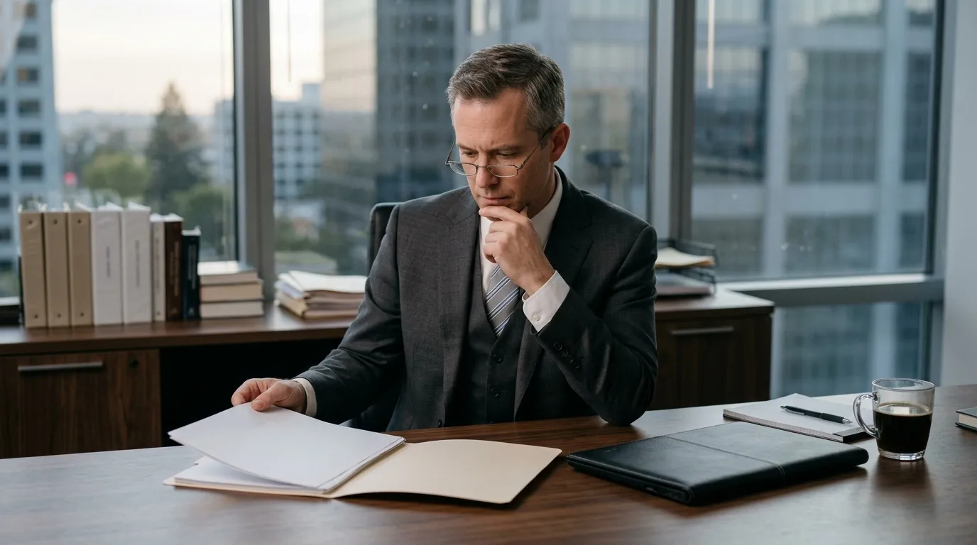 Homme d'affaires pensif examinant des documents en bureau moderne