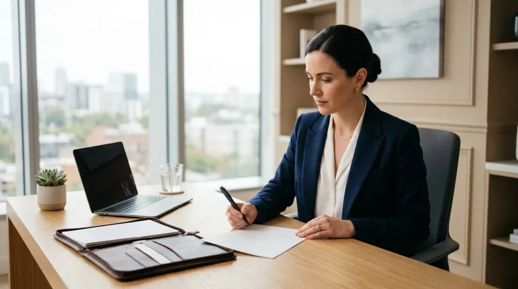 Femme en blazer bleu écrivant à son bureau avec laptop et vue urbaine