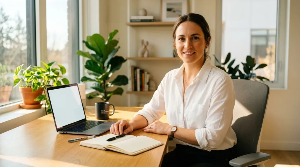 Femme souriante au bureau avec laptop et plantes vertes