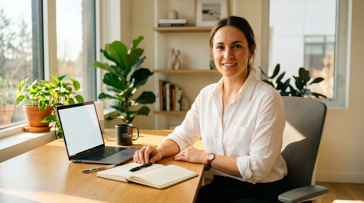 Femme souriante au bureau avec laptop et plantes vertes