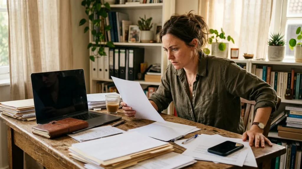 Femme examinant des documents à son bureau avec ordinateur portable