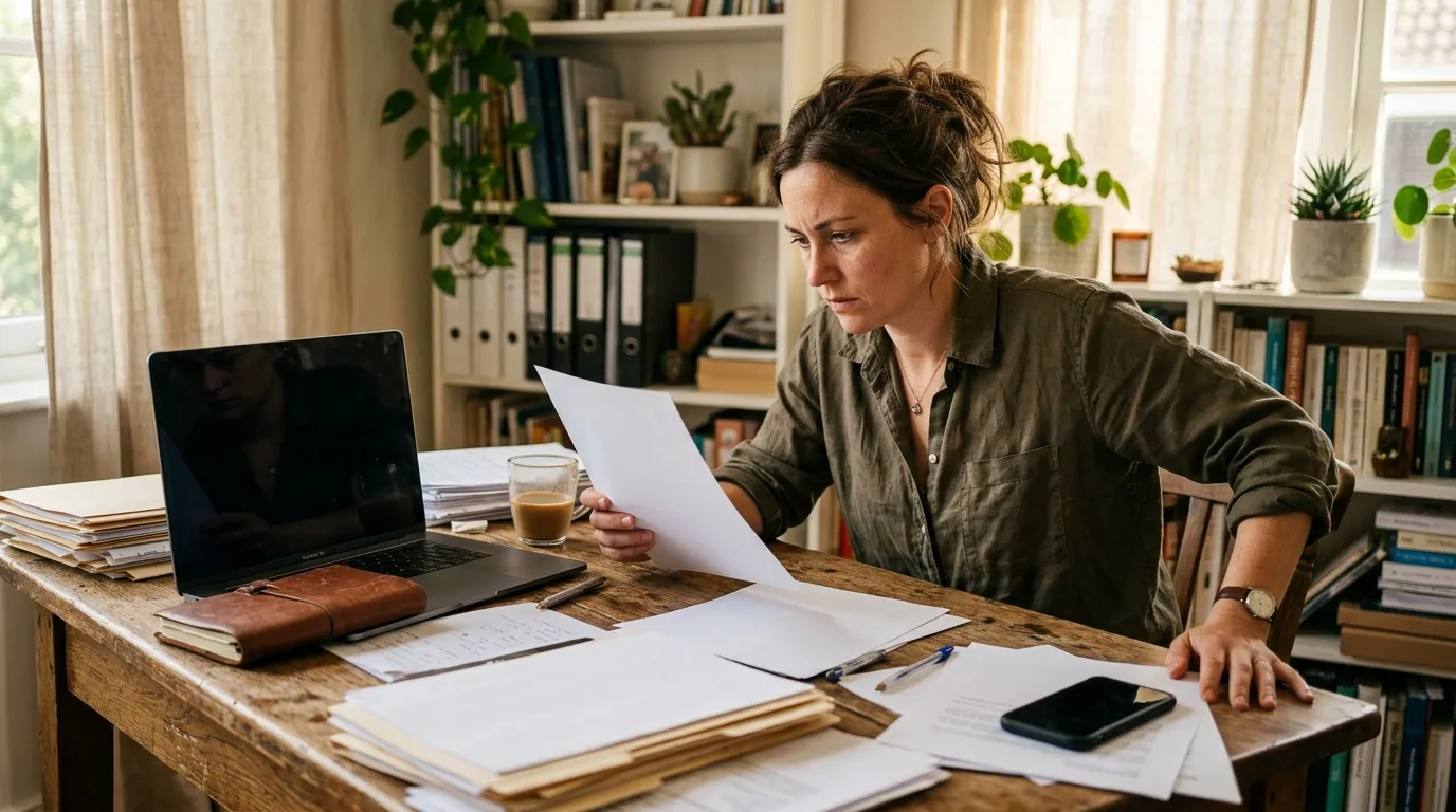 Femme examinant des documents à son bureau avec ordinateur portable