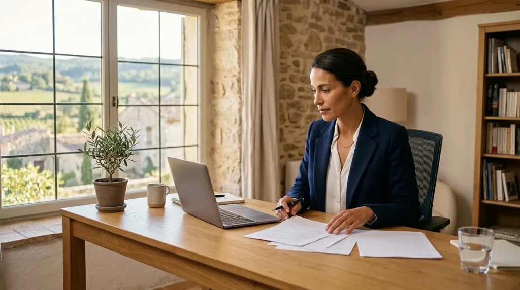 Femme en blazer bleu travaillant sur ordinateur portable à son bureau