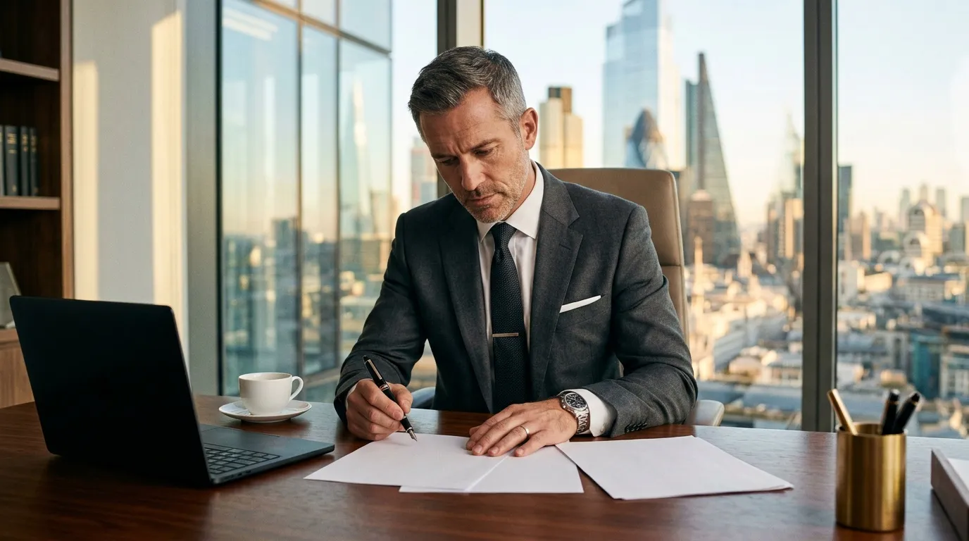 Homme en costume gris signe des papiers dans un bureau