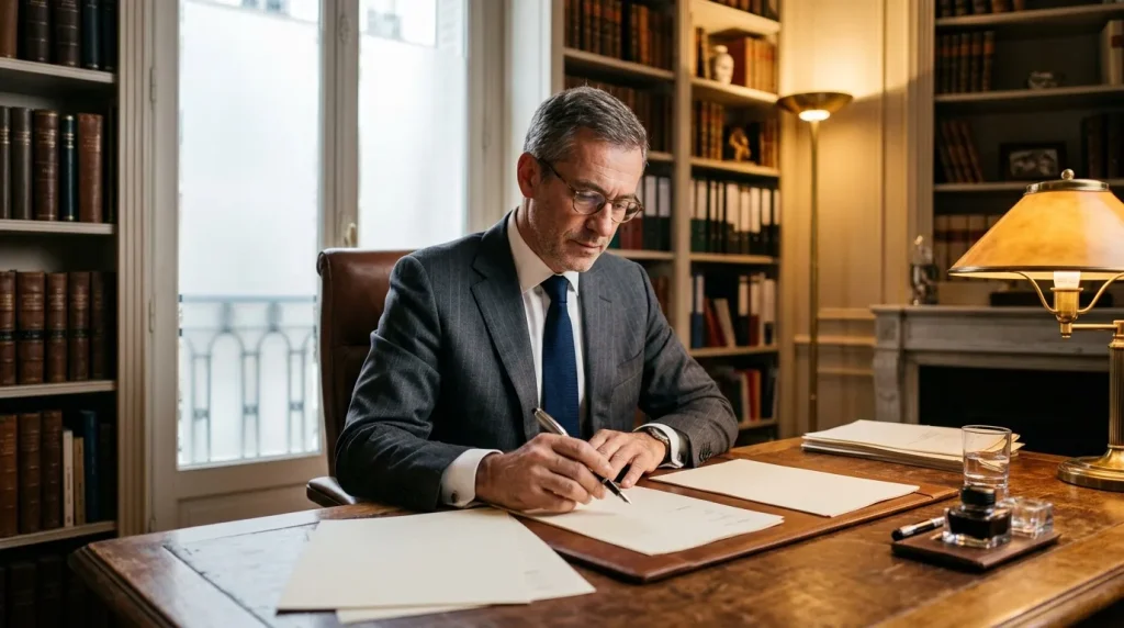 Homme en costume gris signe un document dans un bureau élégant