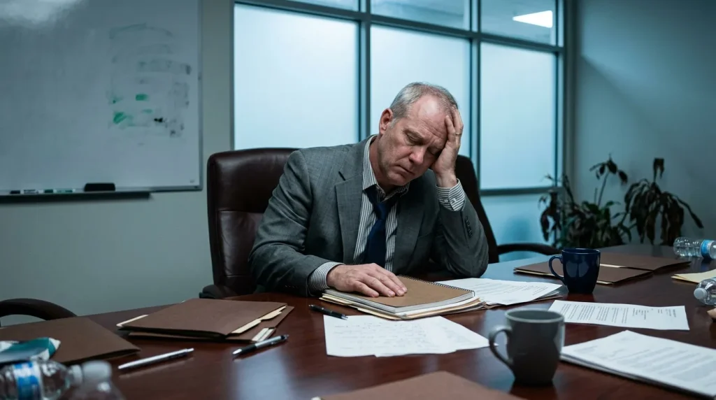 Homme en costume fatigué à son bureau de travail