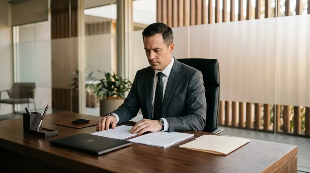 Homme en costume gris consultant des documents à son bureau