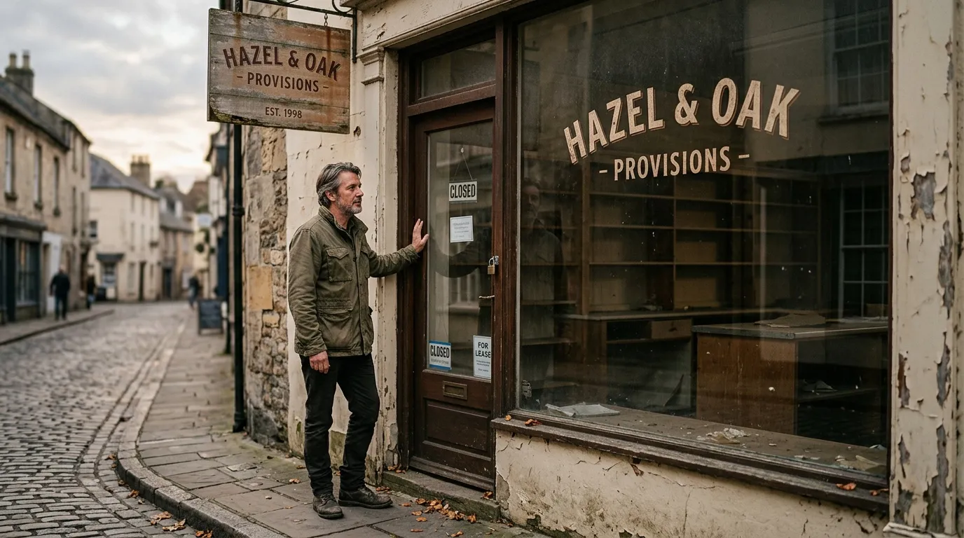 Homme devant un commerce fermé appelé Hazel & Oak Provisions