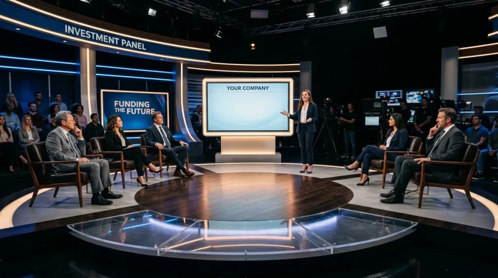 Panel d'investisseurs en discussion sur un plateau de télévision professionnel
