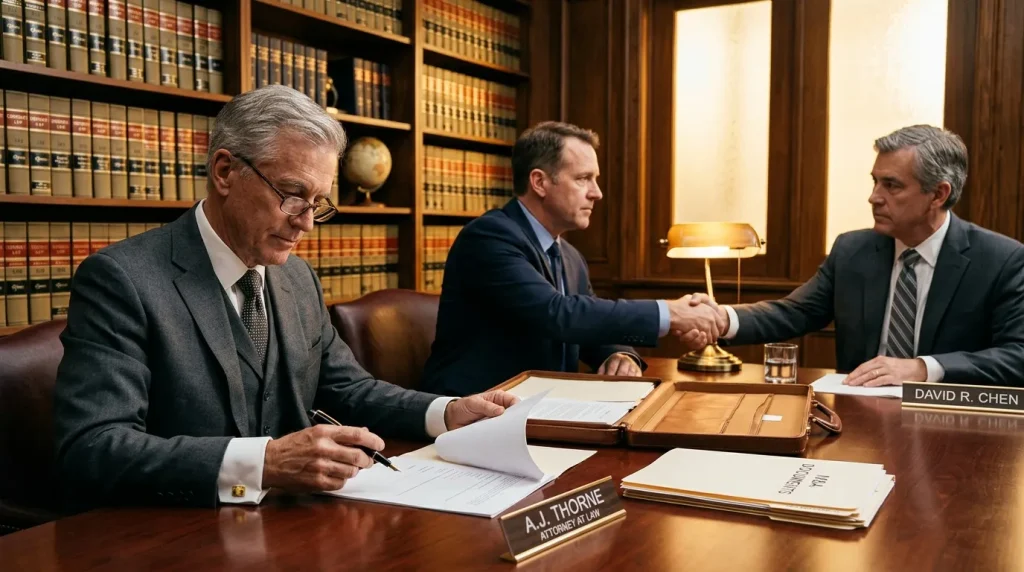 Trois avocats en costume discutent dans un bureau lambrissé