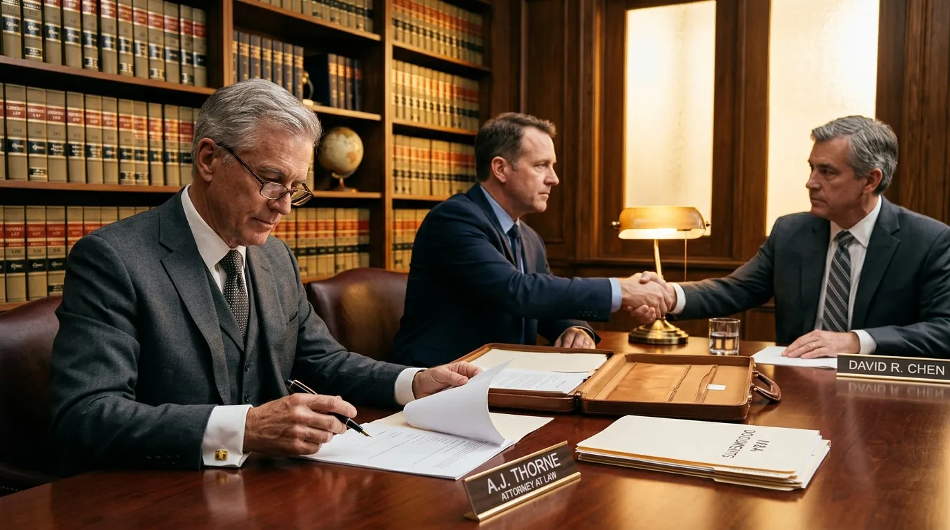 Trois avocats en costume discutent dans un bureau lambrissé