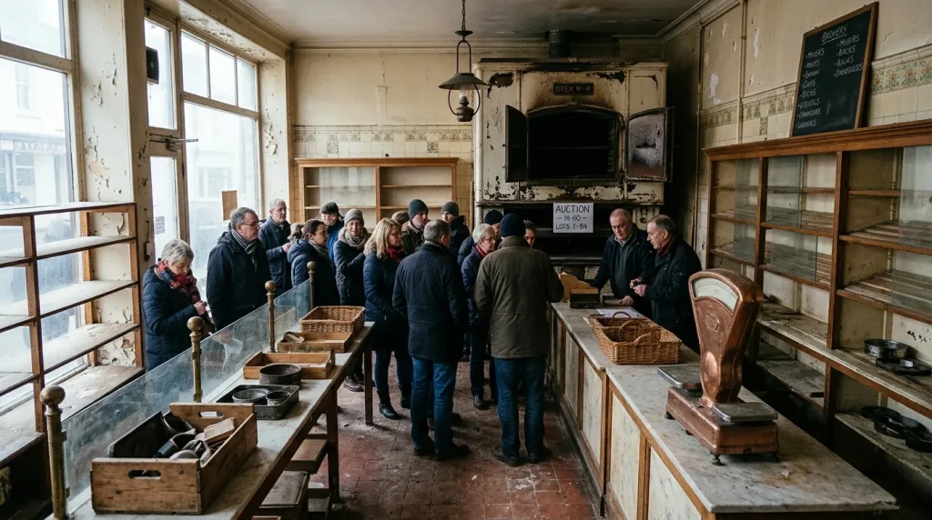 Groupe de personnes lors d'une enchère dans une vieille cuisine