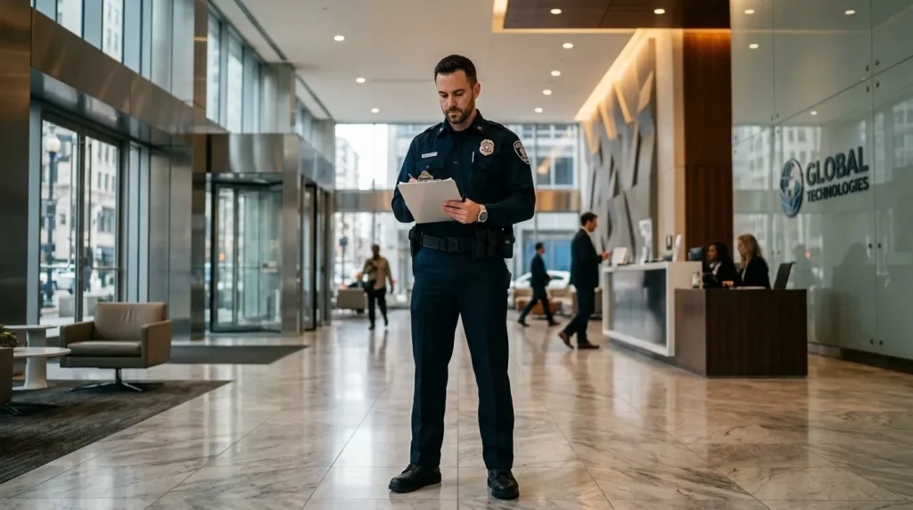 Officier de sécurité consultant un document dans un immeuble moderne