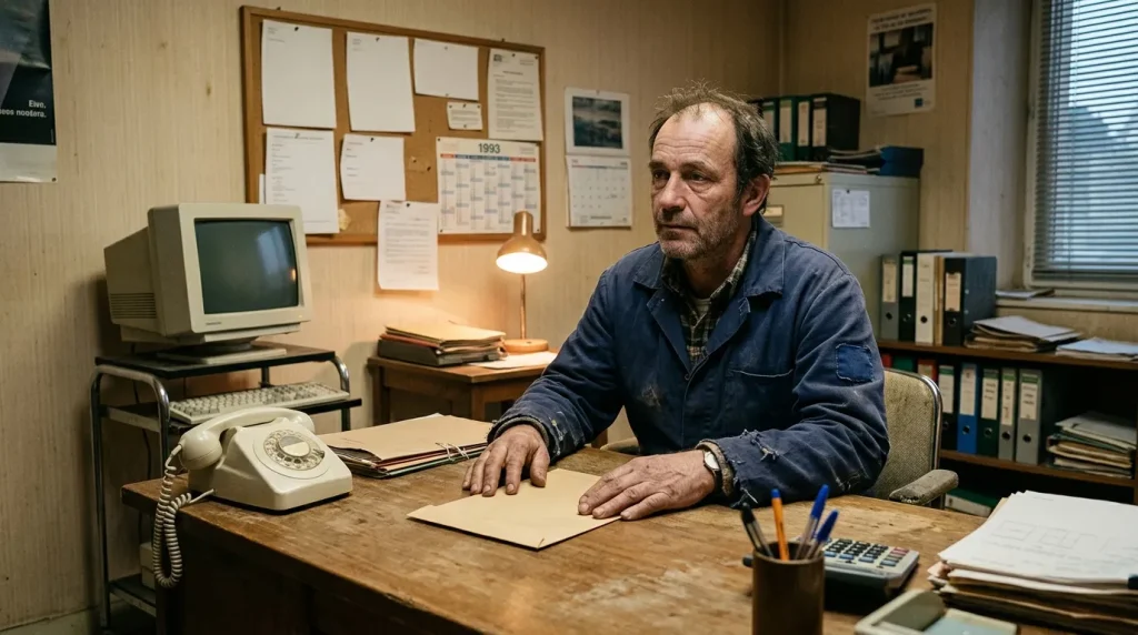 Homme assis à son bureau avec ordinateur vintage et téléphone