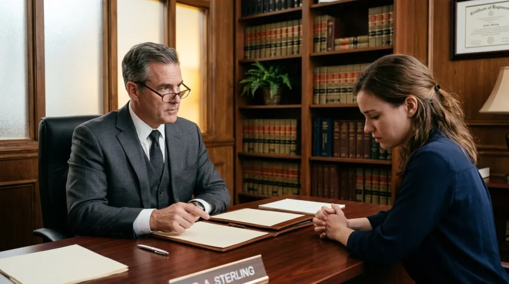 Avocat consulte une cliente dans son bureau juridique.