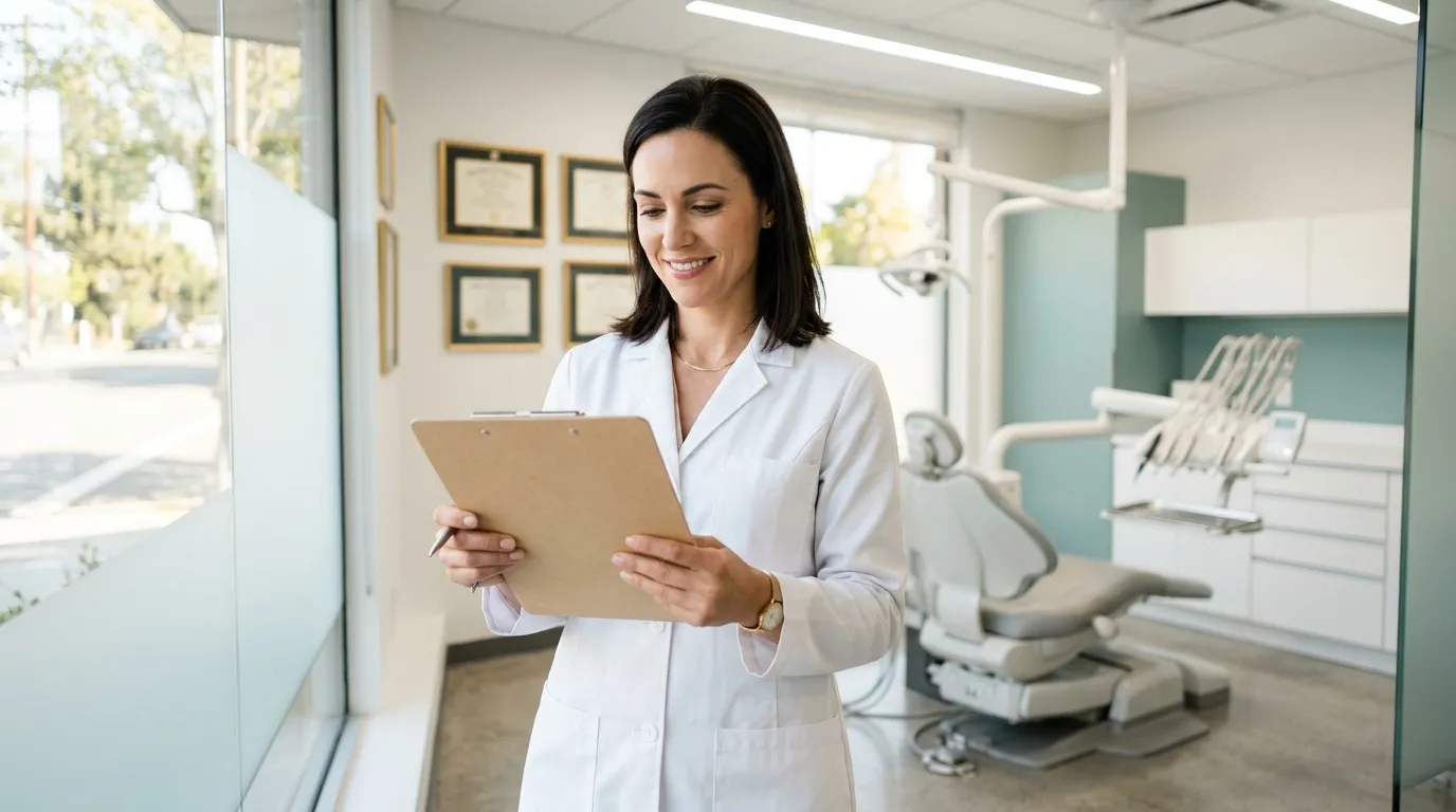 Femme dentiste en blouse blanche utilisant une tablette dans un cabinet dentaire moderne.