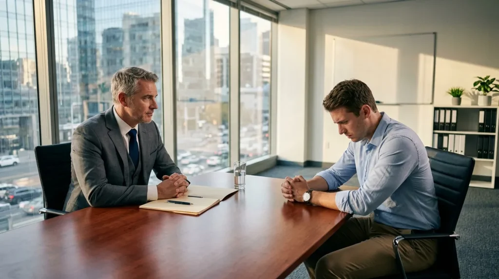 Deux hommes en discussion dans un bureau avec vue urbaine
