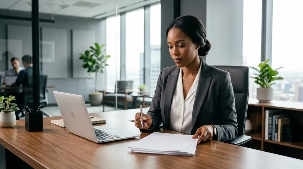 Femme en costume noir écrivant à son bureau moderne