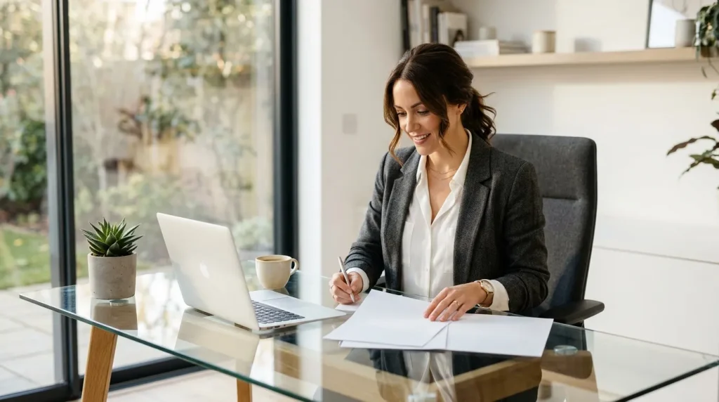 Femme en blazer gris signant des documents au bureau moderne