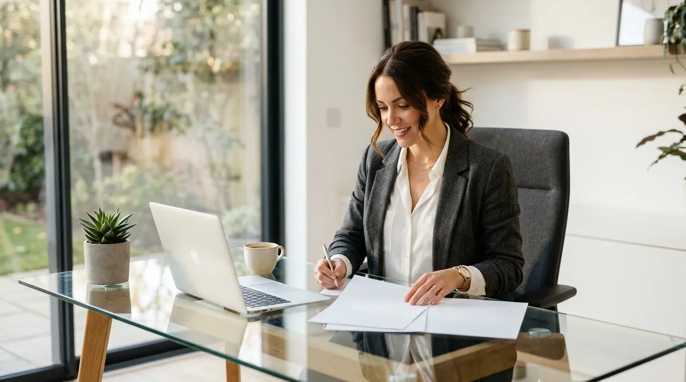 Femme en blazer gris signant des documents au bureau moderne