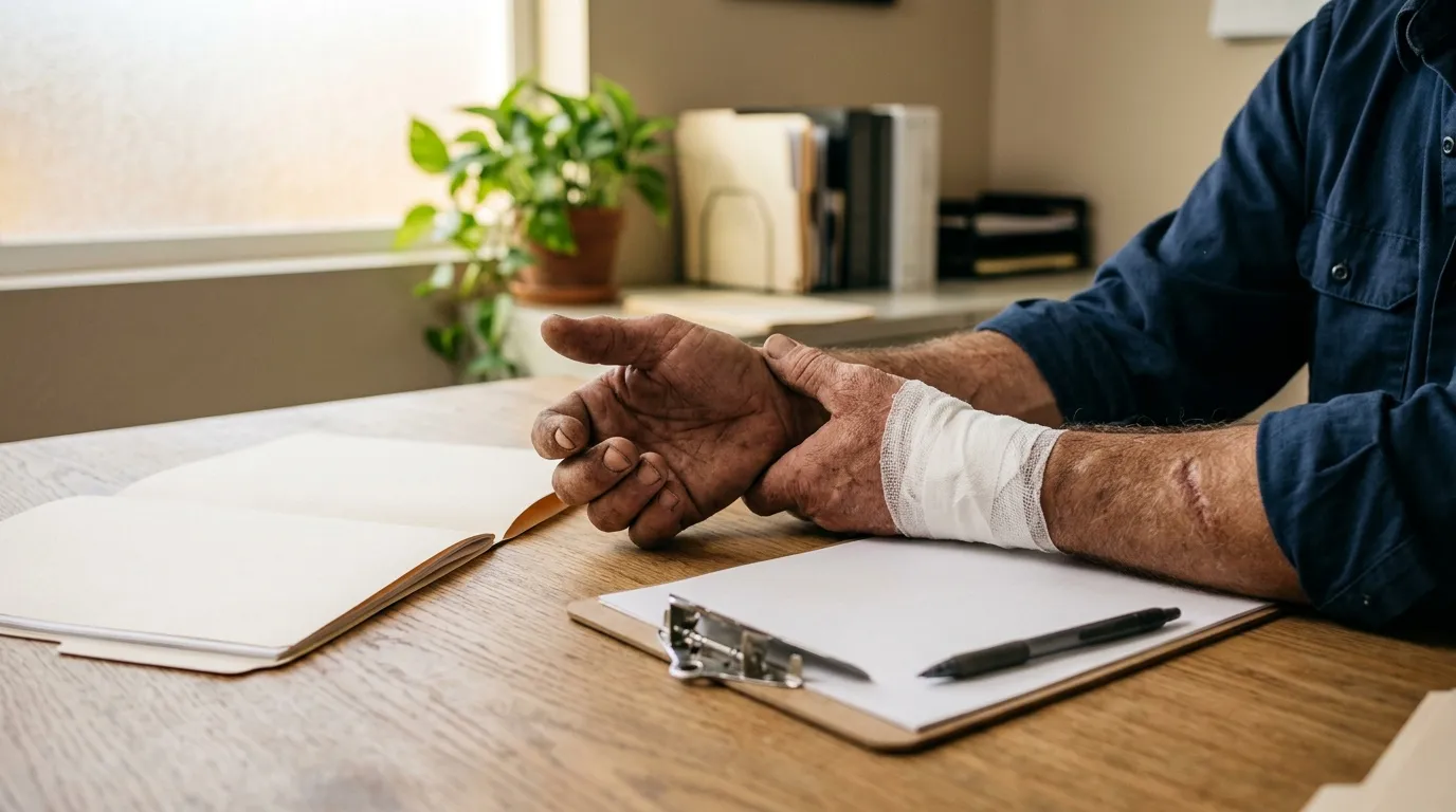 Homme avec bandage au poignet travaillant à son bureau