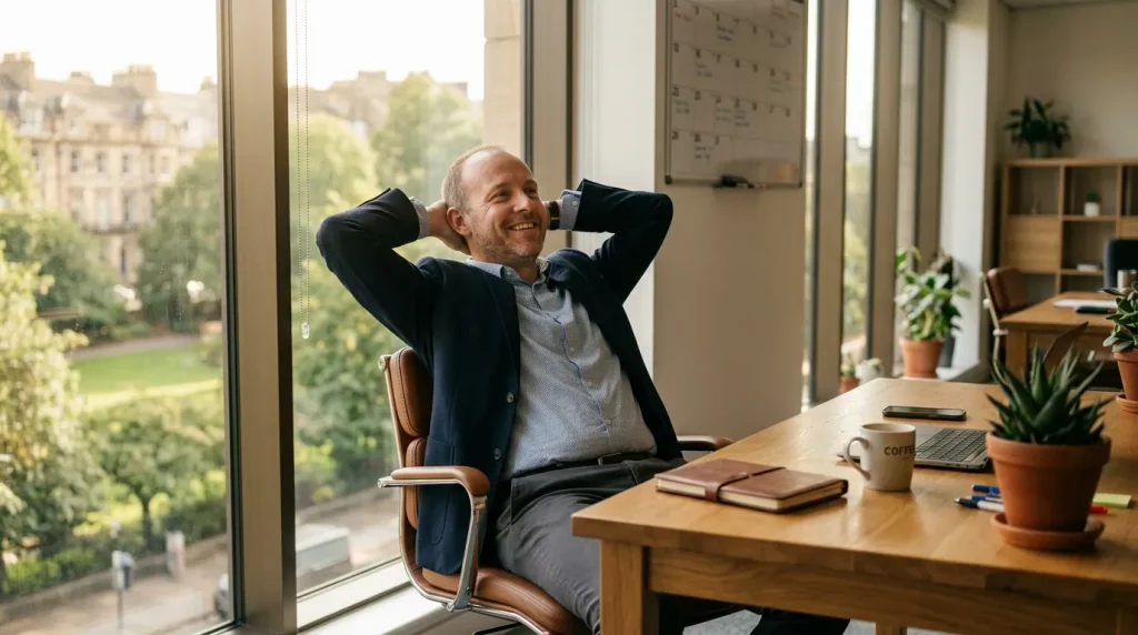 Homme souriant relaxé à son bureau avec vue urbaine