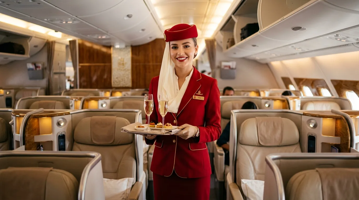 Hôtesse souriante servant champagne en première classe avion