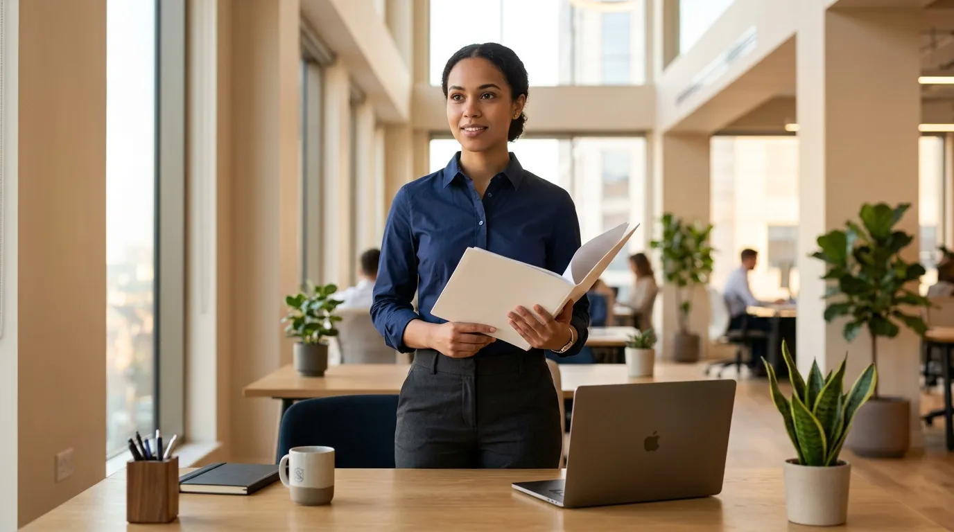 Femme en tenue professionnelle tenant un document dans un bureau