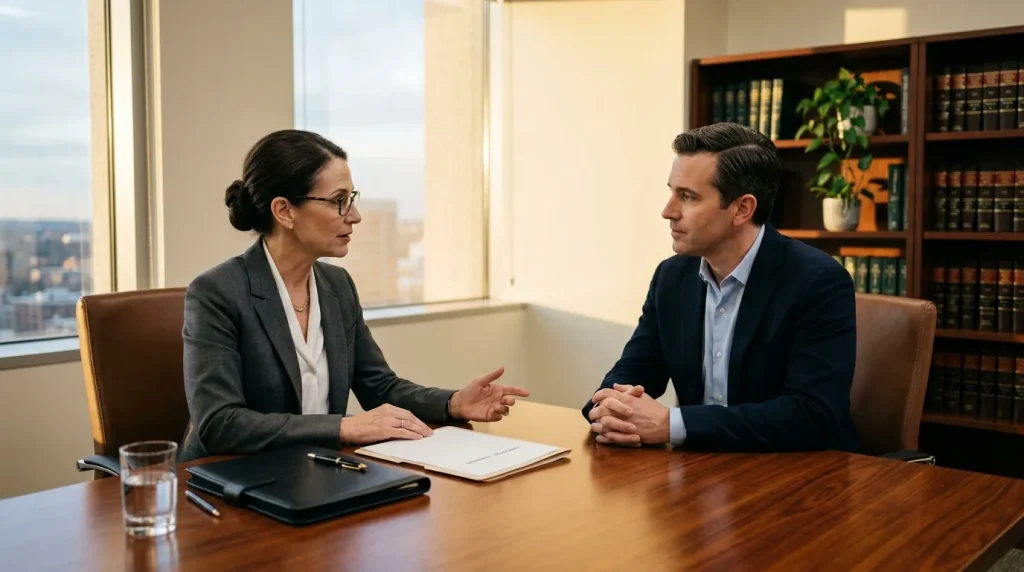 Deux professionnels en discussion autour d'une table de réunion