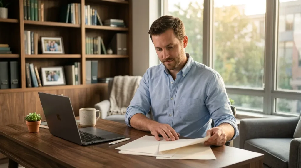Homme en chemise bleue travaillant sur documents à son bureau