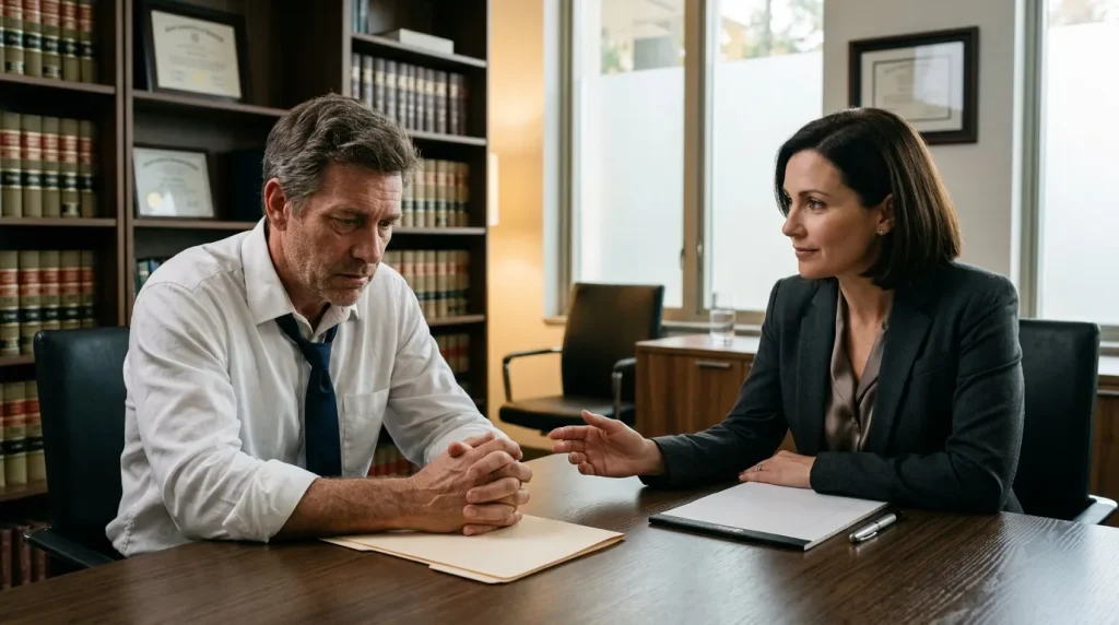 Deux professionnels du droit discutent dans un bureau avec bibliothèque