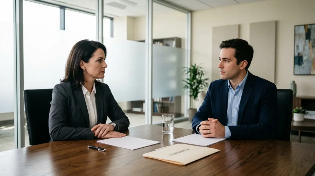 Deux professionnels en discussion à une table de réunion