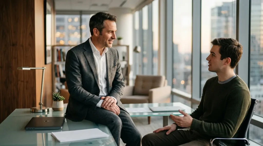 Deux hommes en discussion dans un bureau avec vue sur la ville