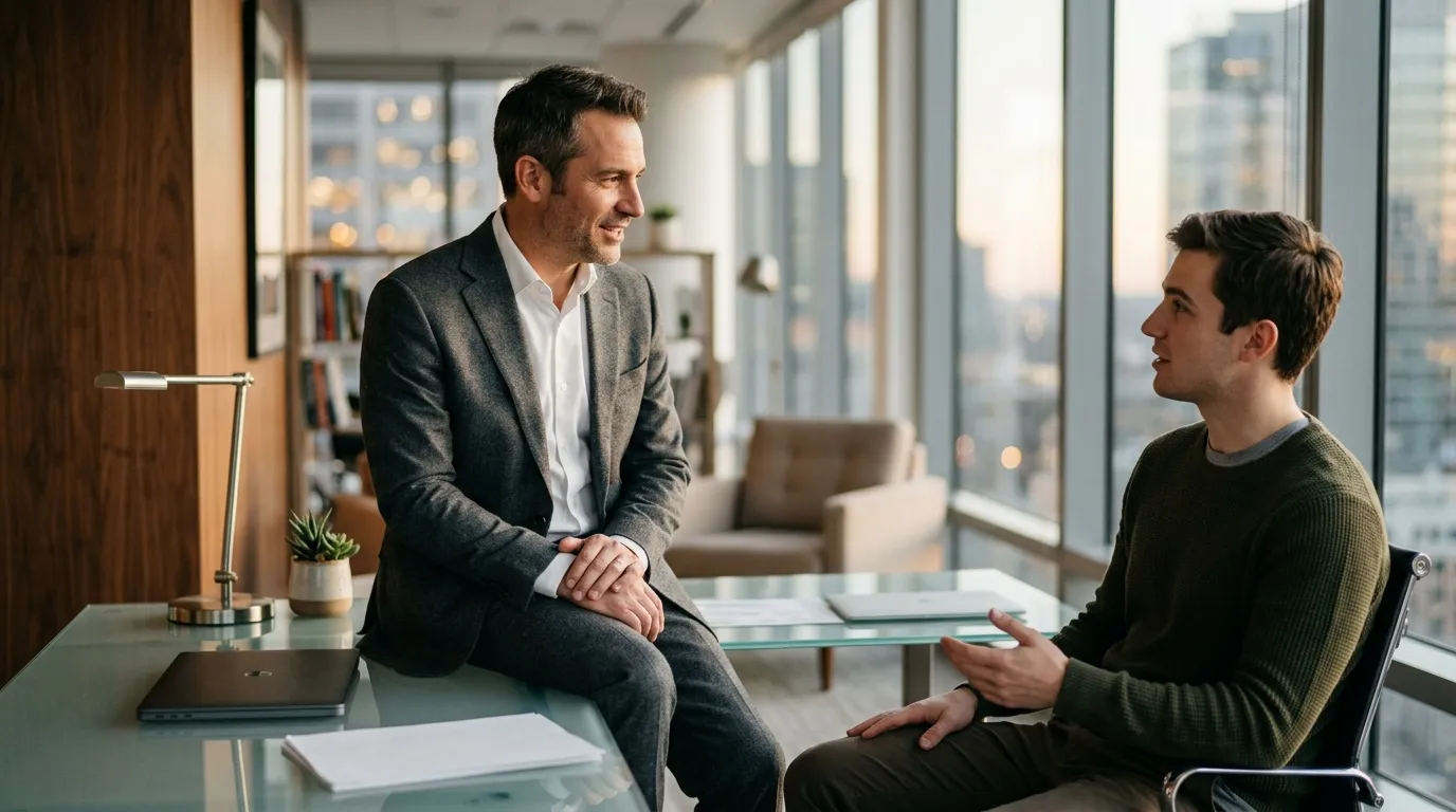 Deux hommes en discussion dans un bureau avec vue sur la ville