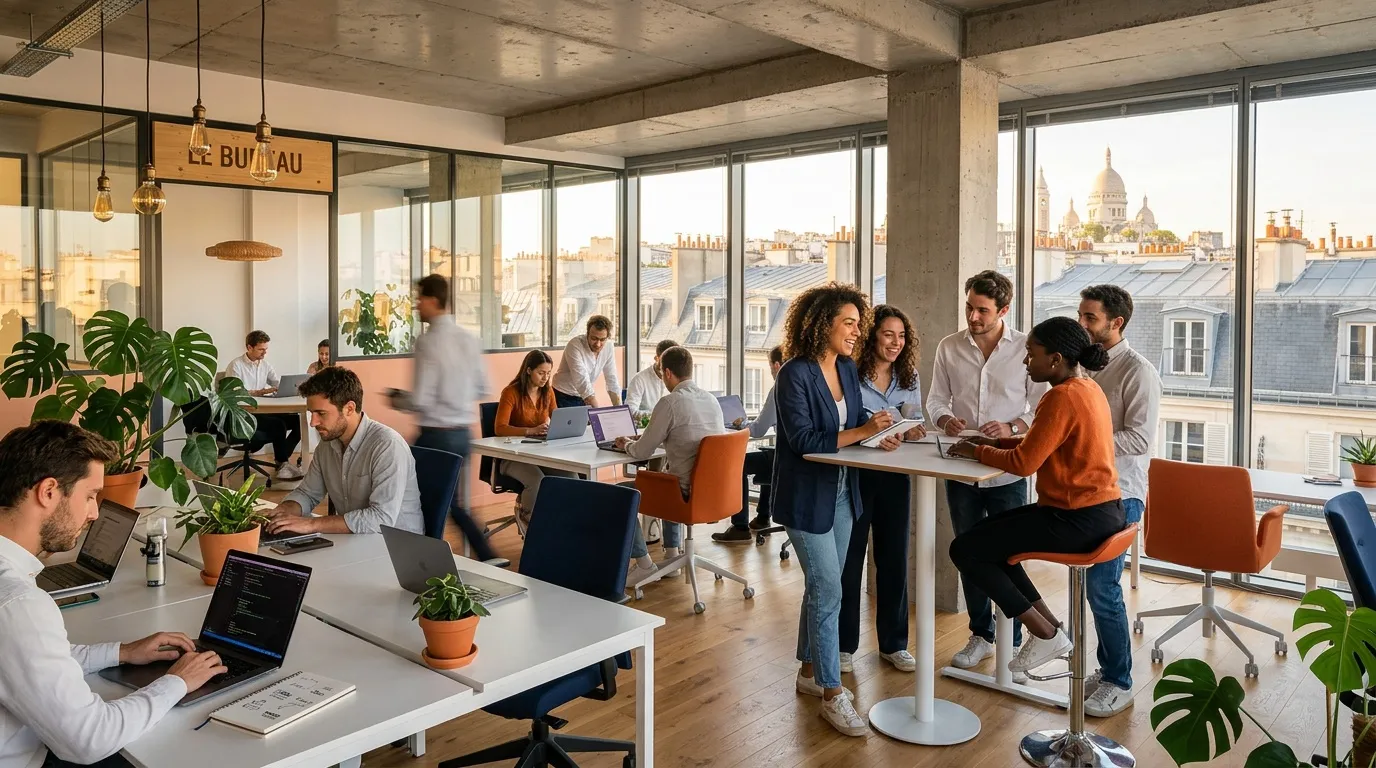 Équipe diversifiée travaillant dans un bureau ouvert lumineux avec vue sur Paris