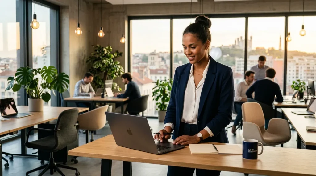 Femme souriante travaillant sur laptop en bureau haut de gamme