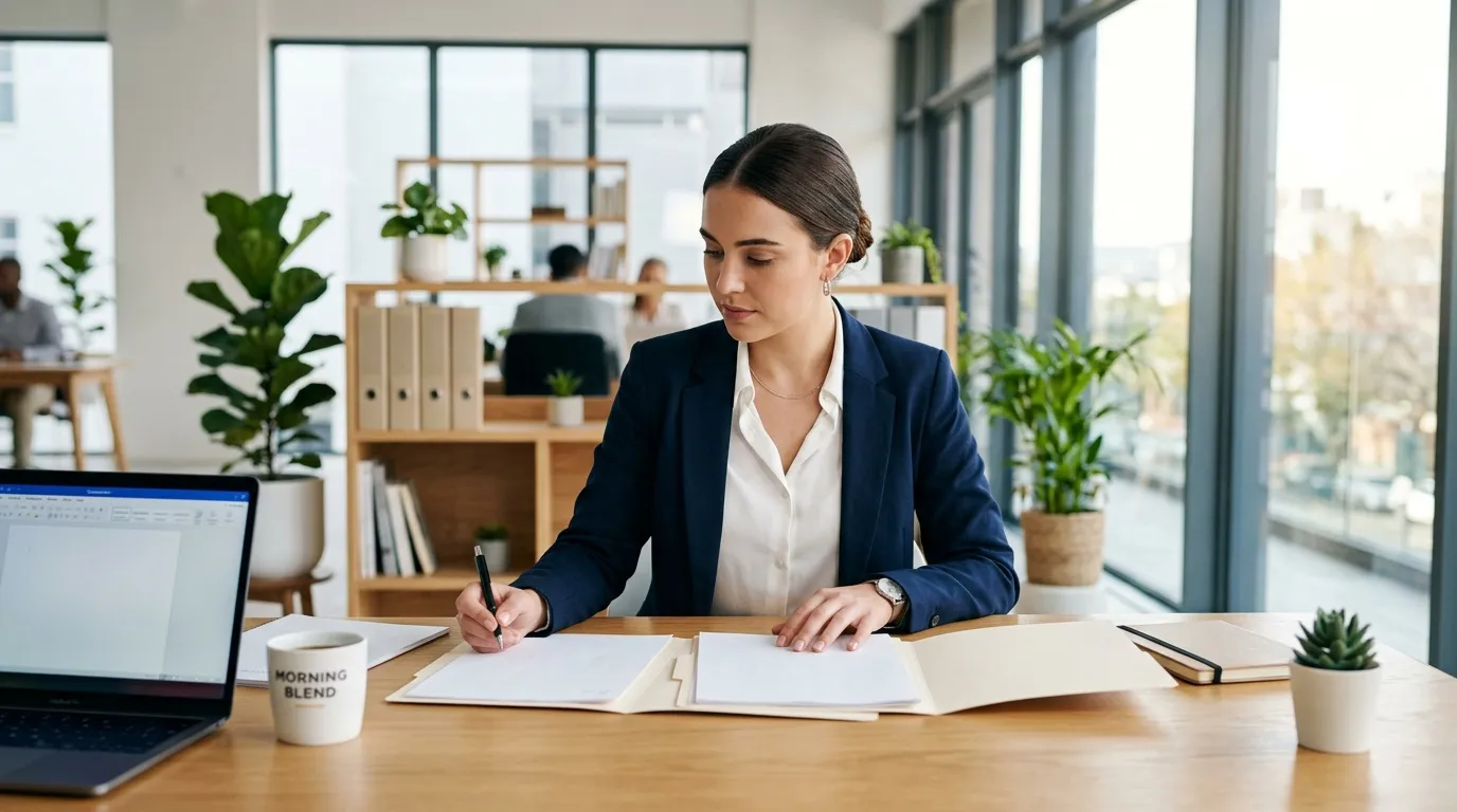 Professionnelle en costume écrivant à son bureau dans un open space
