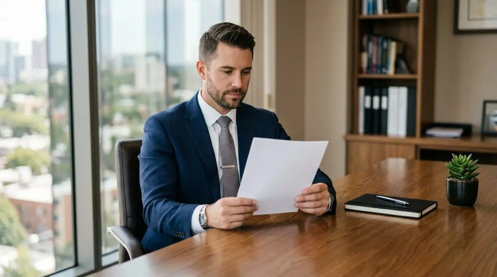 Professionnel en costume lisant document à son bureau