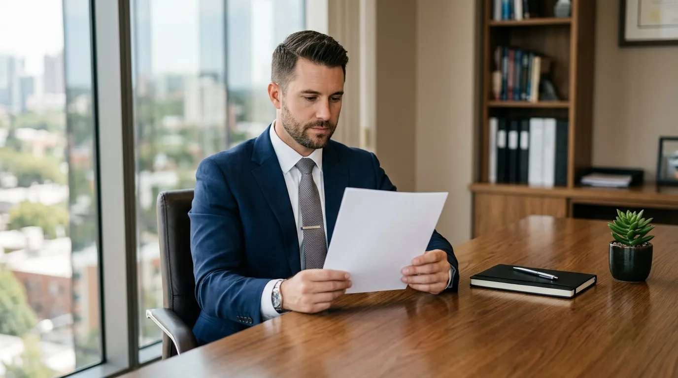 Professionnel en costume lisant document à son bureau