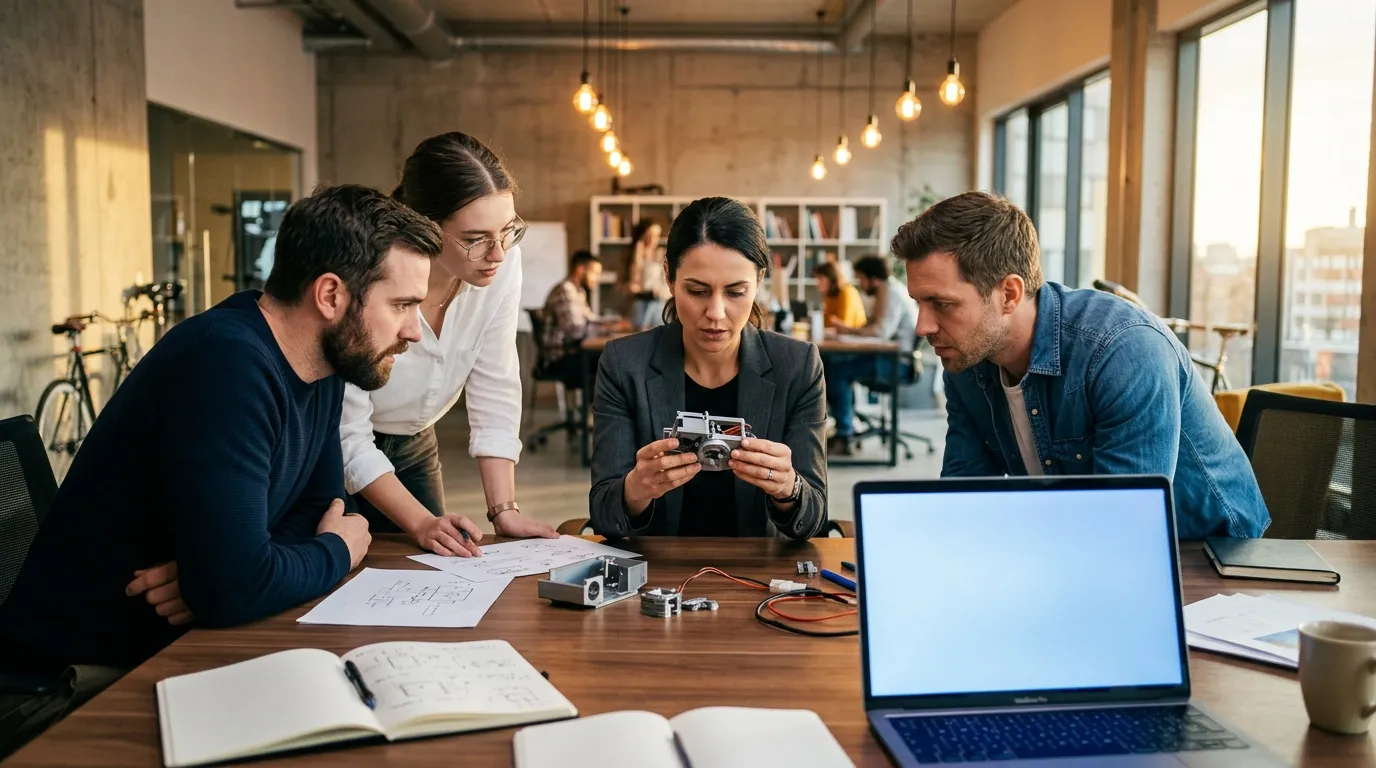 Cinq professionnels discutent autour d'une table de travail