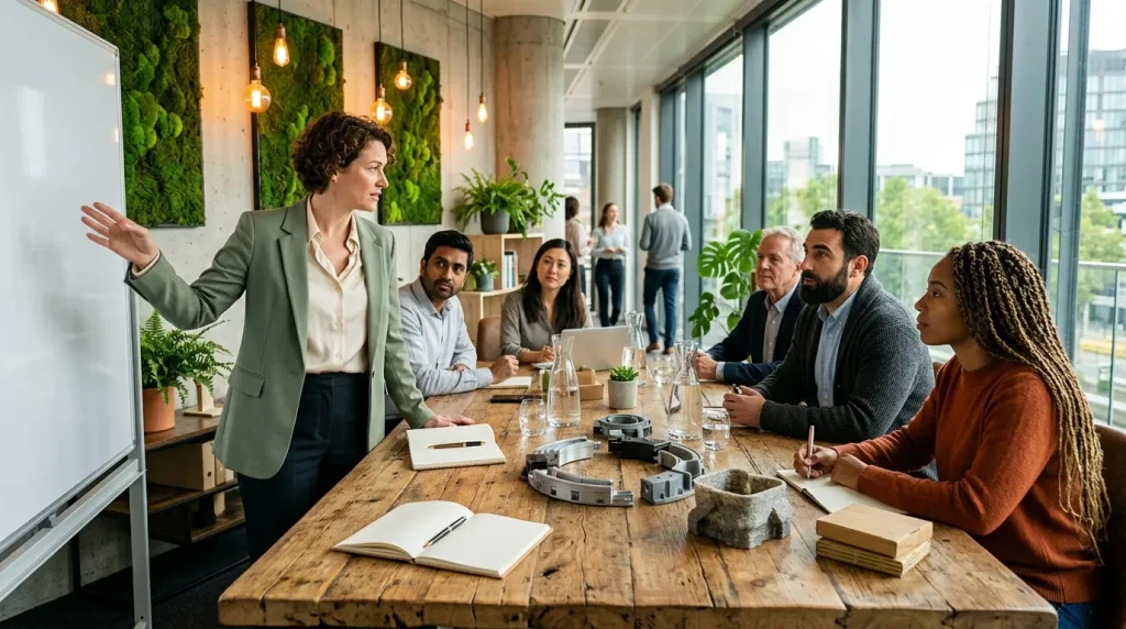 Femme présente à un groupe de professionnels autour d'une table en bois