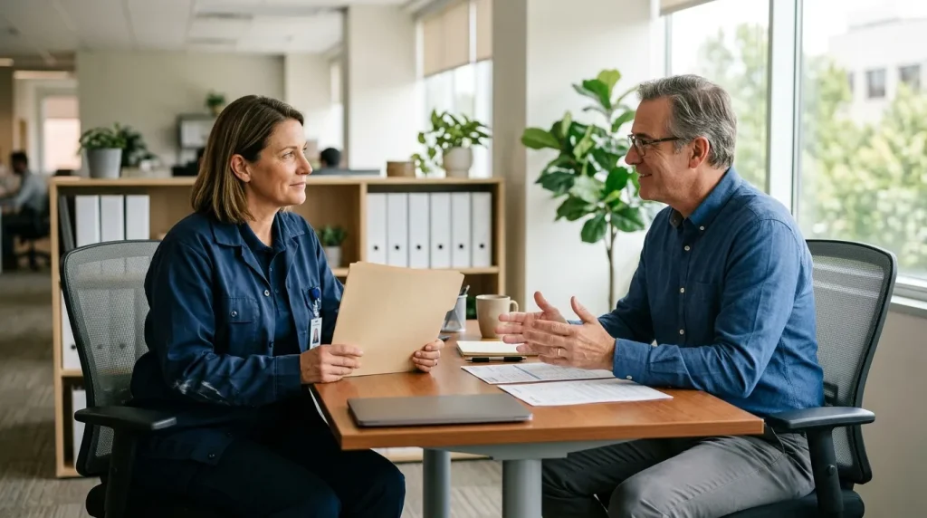 Deux professionnels discutent à une table de travail avec ordinateur portable